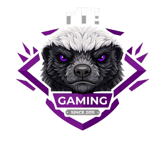 Logo RT Gaming com mascote em preto, branco e roxo